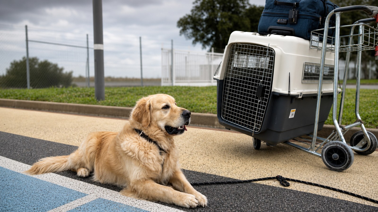 Bailey ao lado de sua caixa de transporte IATA